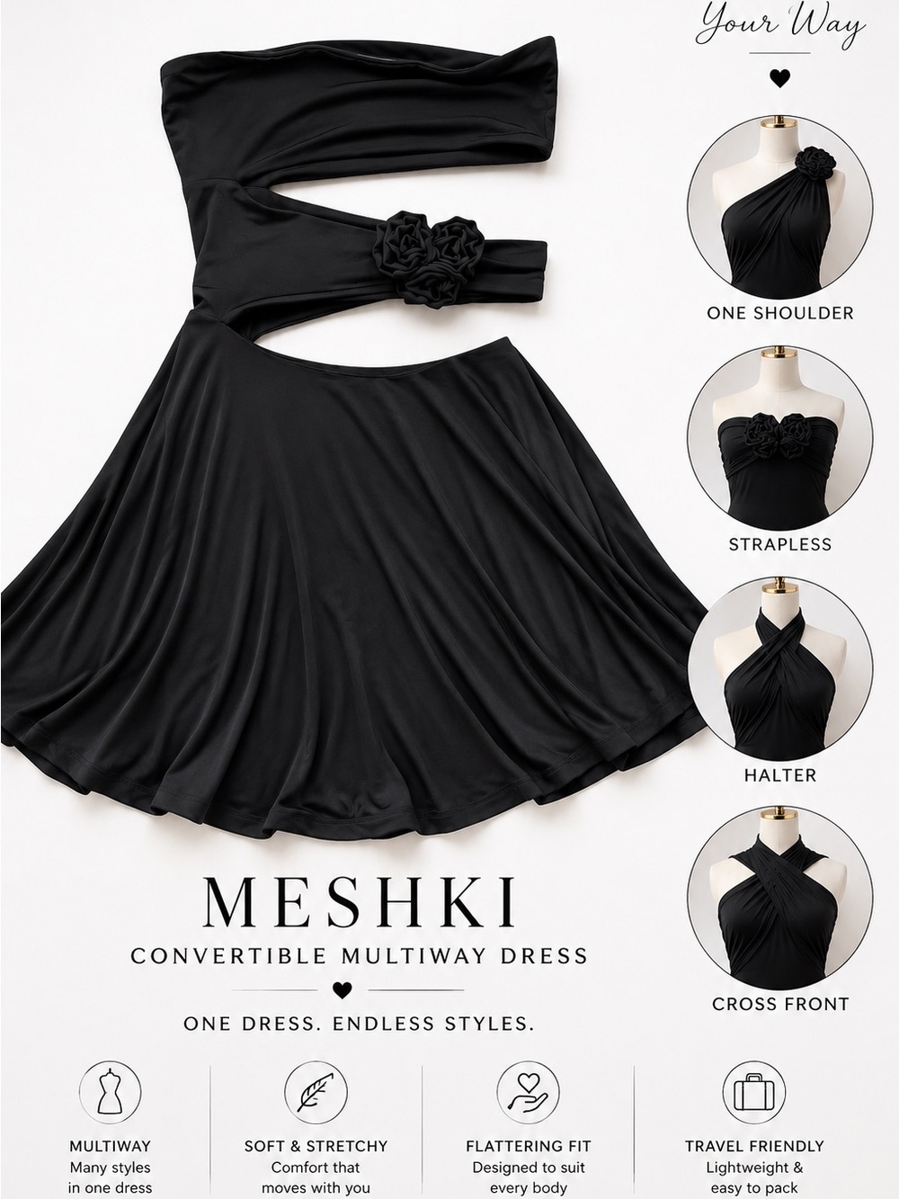 Meshki Black Montana Rose Convertible Strapless Cutout Mini Dress